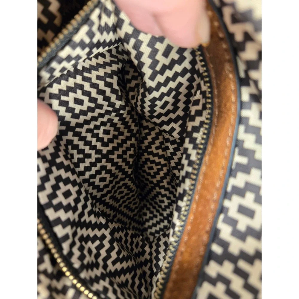 Brown Vegan Leather Whipstitch Boho Satchel Crossbody Bag with Geometric Lining